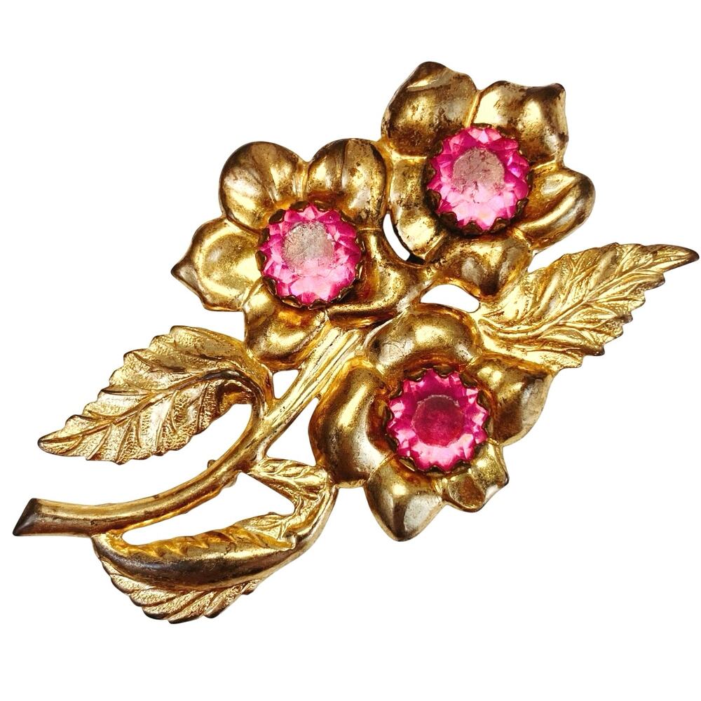 Vintage 1940s Gold Tone Pink Rhinestone Floral Brooch Big Romantic Statement Pin